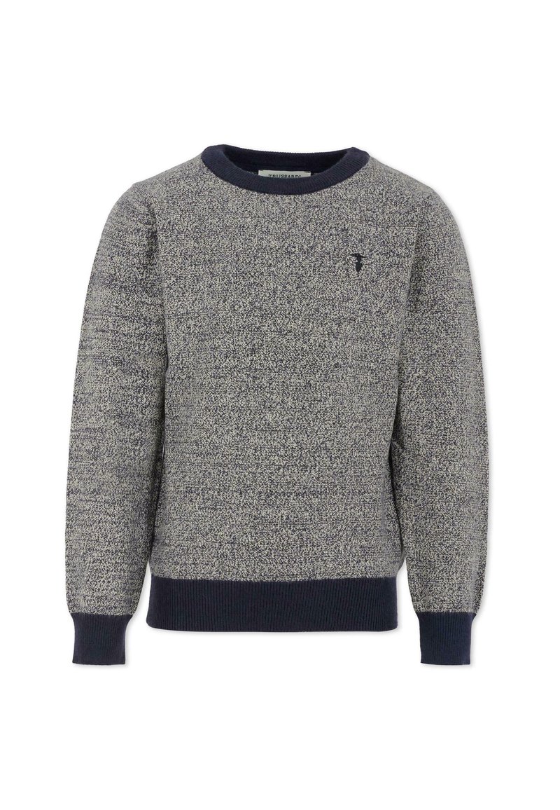 Szary i granatowy sweter z dzianiny, okrągłym dekoltem, prążkowanymi mankietami i dołem oraz małym logo na piersi. Strukturalny wzór tkaniny w całej powierzchni.