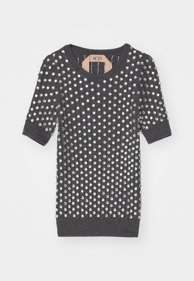 Gray knitted top featuring short sleeves and round neckline, adorned with numerous silver metallic studs across the surface.