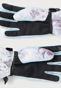 Vattentäta handskar med ett ljusblått och lila abstrakt mönster på tyget och svart läder på handflator och fingrar. Justerbar handledslåsning.
