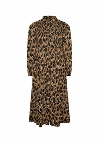 Sukienka w panterkę w ciepłych brązach i czerni, z kołnierzykiem, zapięciem na guziki, długimi rękawami i zwiewnym dołem. Gładka tekstura materiału.