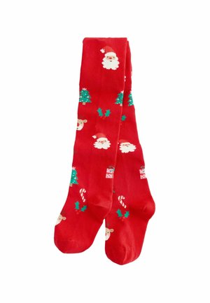 Red Christmas-themed socks with patterns of Santa faces, Christmas trees, candy canes, holly, gift boxes, and reindeer faces.