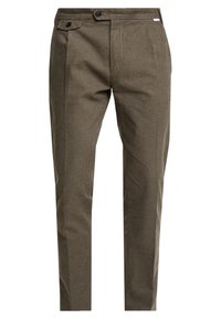 Olivově zelené kalhoty z měkké látky, s plochým předním dílem, dvěma bočními kapsami a knoflíkovým zapínáním s viditelnými švy.