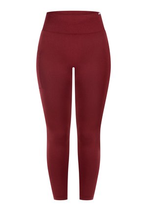 Rote, eng anliegende Leggings mit hohem elastischen Bund, glatter Textur und einer seitlichen Tasche für praktische Nutzung. Dehnbares Material für Komfort.