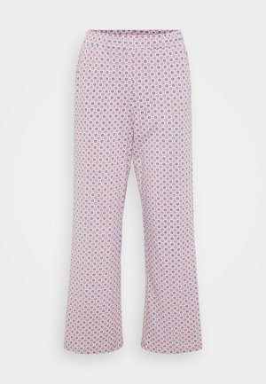 Geprinte palazzo-broeken van lichtroze stof, met een geometrisch patroon en blauwe accenten. Elastische tailleband, wijde pijpen.