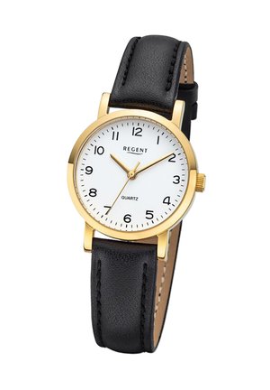 Montre-bracelet à quartz avec un cadran blanc, boîtier en or, bracelet en cuir noir, et index horaires noirs simples, présentant une texture lisse et un design minimaliste.