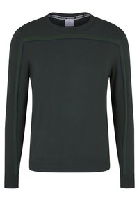 Pull à manches longues vert foncé avec un col rond, des poignets côtelés et des rayures texturées contrastantes le long des épaules. Tissu lisse.