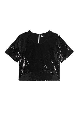 Sort kortærmet cropped top dækket af skinnende paljetter med rund halsudskæring og lille nøglehulåbning bagpå.