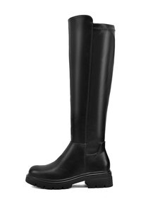 Stivali neri al ginocchio realizzati in pelle liscia, con una suola in gomma robusta dotata di battistrada testurizzato, e un design minimalista senza decorazioni.