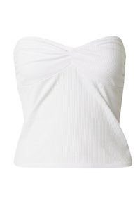 Witte strapless top van ribbelstof, met een gedraaide voorkant en een gladde textuur, ontworpen voor een aansluitende pasvorm.