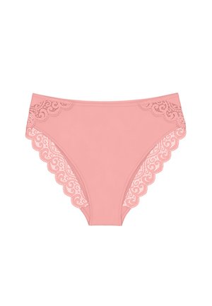 Hellrosa, hoch taillierte Slips mit Spitzenbesatz und gewelltem Rand. Hergestellt aus weichem Stoff mit glatter Textur.