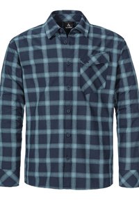 Dunkelblau und hellblau kariertes Langarmhemd mit Button-Down-Kragen, das eine Brusttasche und solide Knopfverschlüsse aufweist.