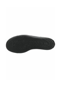 Semelle de chaussure en caoutchouc noir avec une surface texturée présentant des motifs circulaires et un logo, bords lisses et une légère courbure au niveau des orteils.