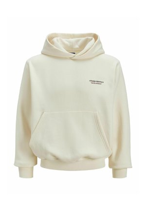 Kremna kapuca iz mehke tkanine, z sprednjo žepno, rebrastimi manšetami in kapuco s vrvico. Majhna oznaka na prsih.