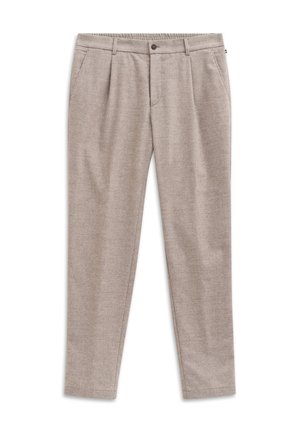 Hellebeige Hose mit glatter Textur, maßgeschneidertem Design, zwei Fronttaschen und Knopfverschluss.