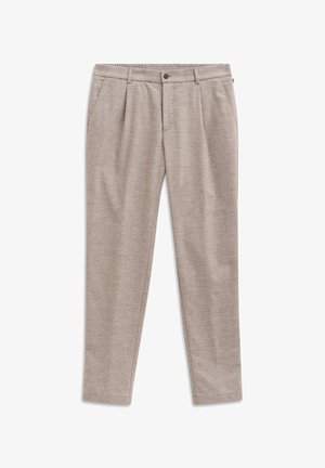 Hellebeige Hose mit glatter Textur, maßgeschneidertem Design, zwei Fronttaschen und Knopfverschluss.