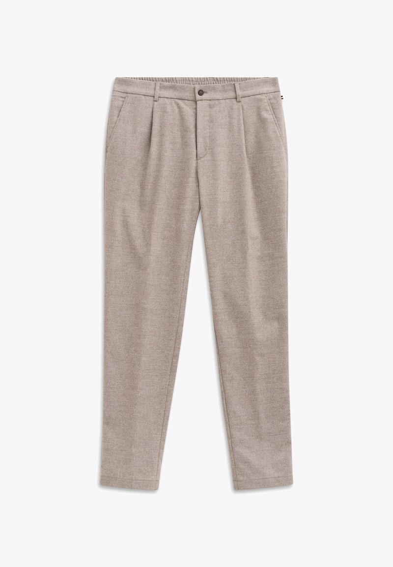 Hellebeige Hose mit glatter Textur, maßgeschneidertem Design, zwei Fronttaschen und Knopfverschluss.