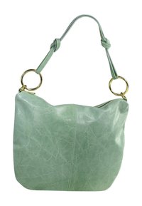 Groene leren handtas met een zachte textuur, gebogen vorm en een geknoopte schouderriem. Bevat twee circular hardware accenten in goudkleur.