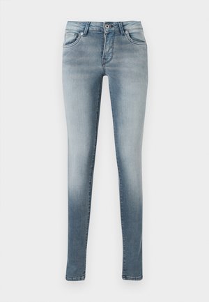 Lichtblauwe skinny jeans, gemaakt van denim, met een vijf-pocket ontwerp, knoop- en ritssluiting, en een lichte vervagingseffect op de benen.