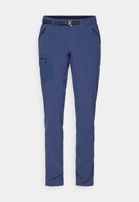 Navy blue outdoor trousers with a fitted design, featuring multiple pockets, a belt, and reinforced areas for durability. Stretch fabric.