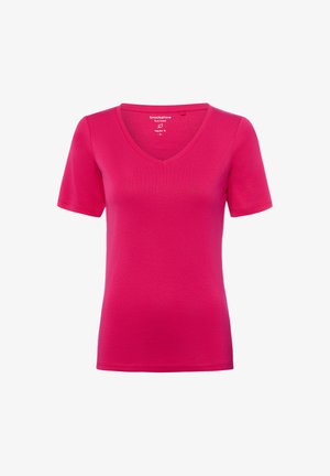 Jasno różowy bawełniany T-shirt z krótkim rękawem i dekoltem w serek, o regularnym kroju, w małym rozmiarze, prezentowany na jednolitym białym tle.