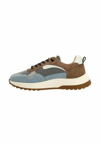 Leather and suede sneaker featuring blue, brown, and gray panels, black laces, and a textured rubber outsole. Accent stitch detailing visible.