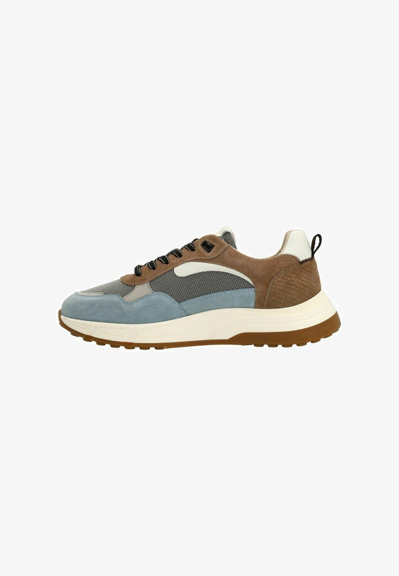 Leather and suede sneaker featuring blue, brown, and gray panels, black laces, and a textured rubber outsole. Accent stitch detailing visible.