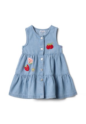 Vestido para niño pequeño sin mangas a rayas azules y blancas con botones delanteros y parches bordados de fresa, cereza, sandía y pequeñas flores.