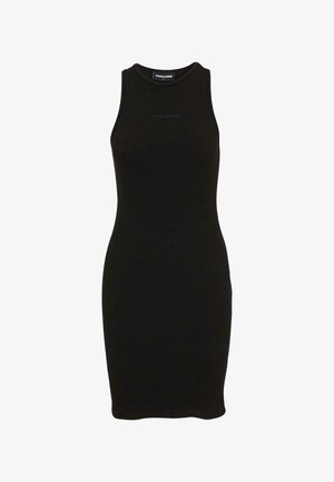 Must mustriba pilu kleit, millel on lähedane siluett, ümar kaelus, varrukateta disain ja diskreetne logo detail ees.