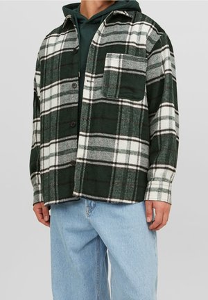 Homme portant un sweat à capuche vert foncé superposé à une chemise à carreaux verte et blanche boutonnée et un jean bleu clair sur un fond uni.