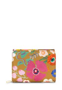 Bloemenportemonnee met een mosterdgele achtergrond, voorzien van levendige roze, oranje en groene bloemen. Gerafeld stof met gestikte randen, ritsluiting.