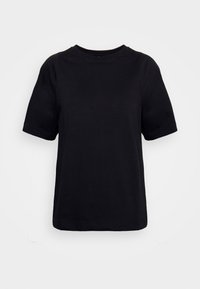 T-shirt noir à manches courtes, col rond, en tissu de coton lisse, coupe droite, sans motifs ni détails visibles de quincaillerie.