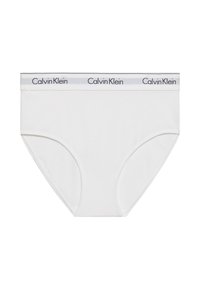 Hvide bomuldsunderbukser med en blød, elastisk talje, der har Calvin Klein-logoet i sort. Glat tekstur og klassisk undertøjsdesign.