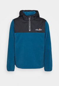 Pullover in pile blu con parte superiore in nylon nero, chiusura con zip a metà, e dettagli del logo. Caratterizzato da un cappuccio e una vestibilità comoda con maniche lunghe.