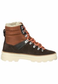 Brown suede hiking boots with padded brown ankle support, orange laces, metal eyelets, and a chunky cream rubber sole.
