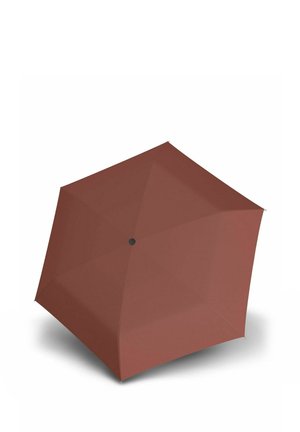 Closed square-shaped umbrella with a solid brown canopy and black central hub, casting a soft shadow on a white background.