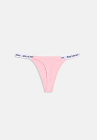 Rozā stringi ar mīkstu, elastīgu audumu. Ar baltu jostu, uz kuras tumšā tekstā ir izdrukāts "Juicy Couture". Minimālists dizains, bezšuvju malas.