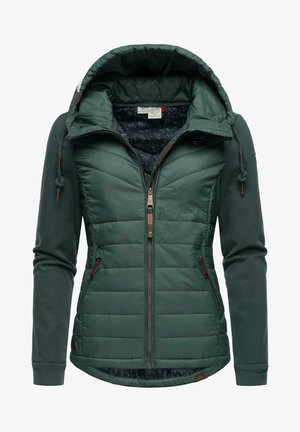 Grüne gesteppte Jacke mit Kapuze, durchgehendem Frontreißverschluss, seitlichen Reißverschlusstaschen und Kordelzügen an der Kapuze, mit gemustertem Innenfutter.