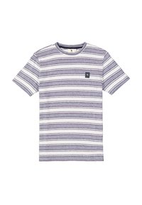 Camiseta de manga corta hecha de algodón, con rayas horizontales moradas y blancas y un pequeño parche de logo negro en el pecho.