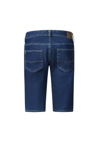 Donkerblauwe denim shorts met een rechte snit, vijf zakken en horizontale stikdetails op de kleppen van de achterzakken.