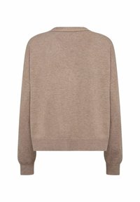 Zachte, lichtgewicht trui in een gedempt taupe kleur; met een relaxte pasvorm, lange mouwen en een subtiele textuur. Geen zichtbare hardware of patronen.