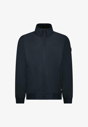 Marineblauwe jas met rits van gladde stof, voorzien van een hoge kraag, elastische manchetten en een logo-accent op de mouw.