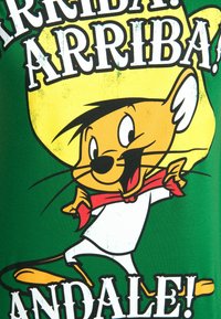 Cartoon character wearing a yellow sombrero and red scarf on a green background, with the text "ARRIBA! ANDALE!" in bold white letters.