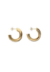 Orecchini a cerchio in tonalità oro con una curva liscia e accenti di pietre trasparenti lungo un bordo, dotati di chiusura a perno.