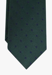 Corbata verde con textura de estría diagonal y lunares azules marinos espaciados uniformemente. Extremo afinado para un diseño clásico.