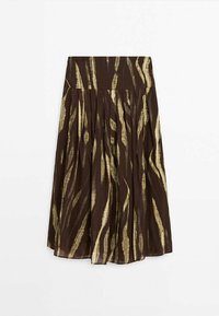 Bruine geplooide rok met een gouden abstract patroon, gemaakt van lichte stof met een gladde textuur en een op maat gemaakt tailleband.