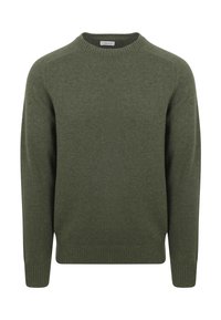 Groene gebreide trui met een ronde halslijn, lange mouwen en geribbelde boorden en zoom. Gemaakt van een zachte, gestructureerde stof.