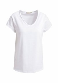 White short-sleeve T-shirt with a V-neck, made from soft fabric, featuring a relaxed fit and smooth texture, with no visible patterns or accents.