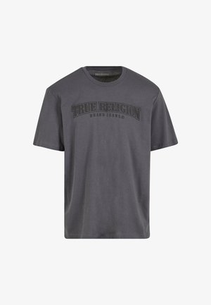 Szara bawełniana koszulka z krótkim rękawem, z czarnym nadrukowanym logo "TRUE RELIGION BRAND JEANS" na piersi w zakrzywionym wzorze.