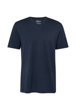 Marineblaues Herren-T-Shirt mit kurzen Ärmeln und V-Ausschnitt, dezentem Logo auf der Brust, auf weißem Hintergrund präsentiert.