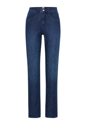 Jeans in denim blu scuro a gamba dritta con chiusura frontale con bottoni e cerniera, tasche frontali e posteriori, e cuciture visibili.